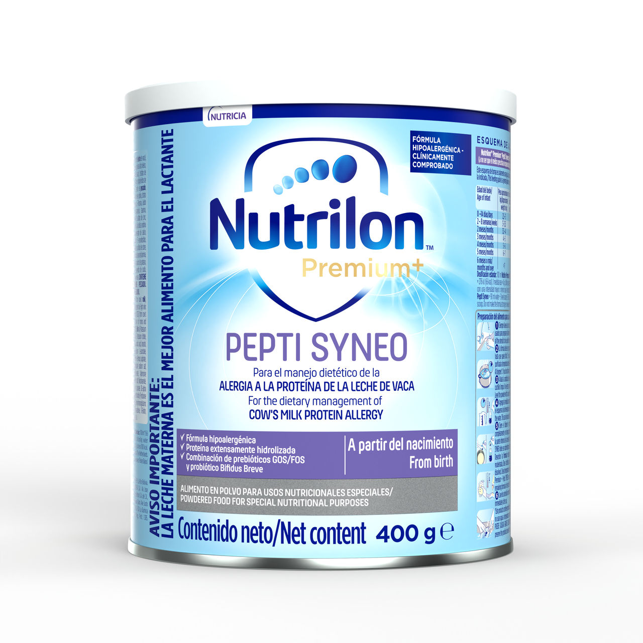 Nutrilon Premium + Pepti Syneo fórmula polvo extensamente hidrolizada alergia proteína leche vaca aplv lata 400g para bebés a partir del nacimiento