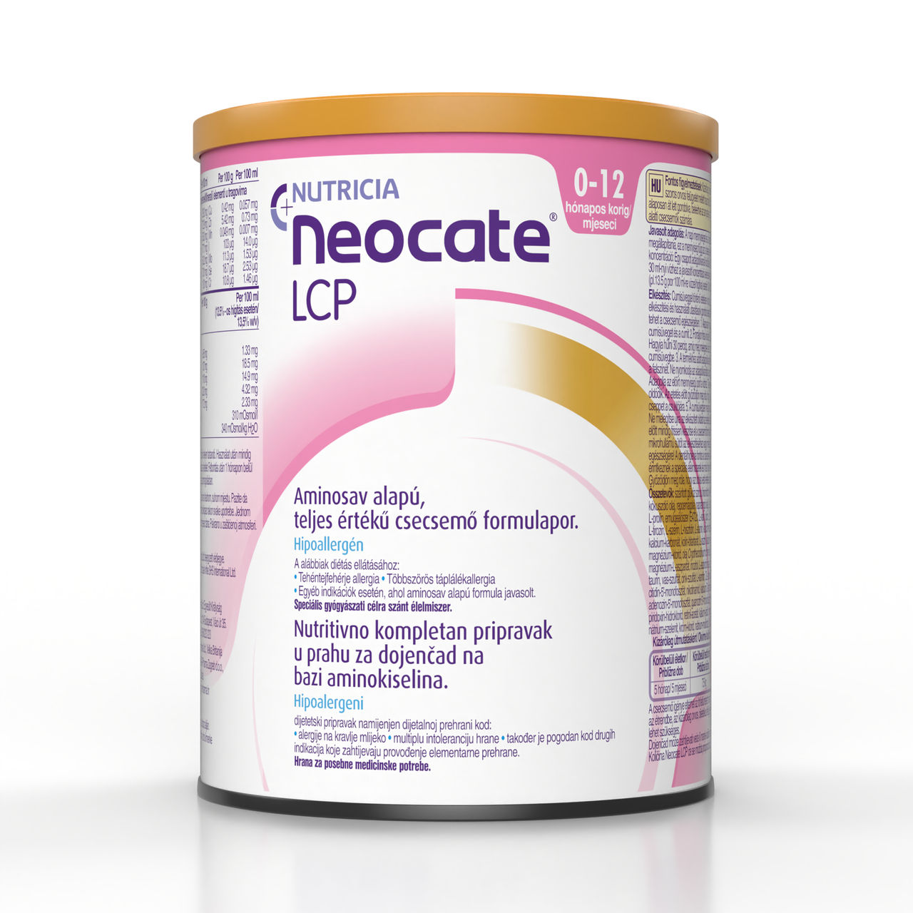 Neocate LCP – prašek brez beljakovin kravjega mleka, obogaten z L-aminokislinami, dolgoverižnimi večkrat nenasičenimi maščobnimi kislinami (DHA, ARA) in nukleotidi, v pločevinki 400 g, namenjen prehranskem uravnavanju alergij na kravje mleko, večkratnih prehranskih alergij in drugih stanj, kjer je priporočena elementarna prehrana pri dojenčkih od rojstva do 12. meseca starosti.