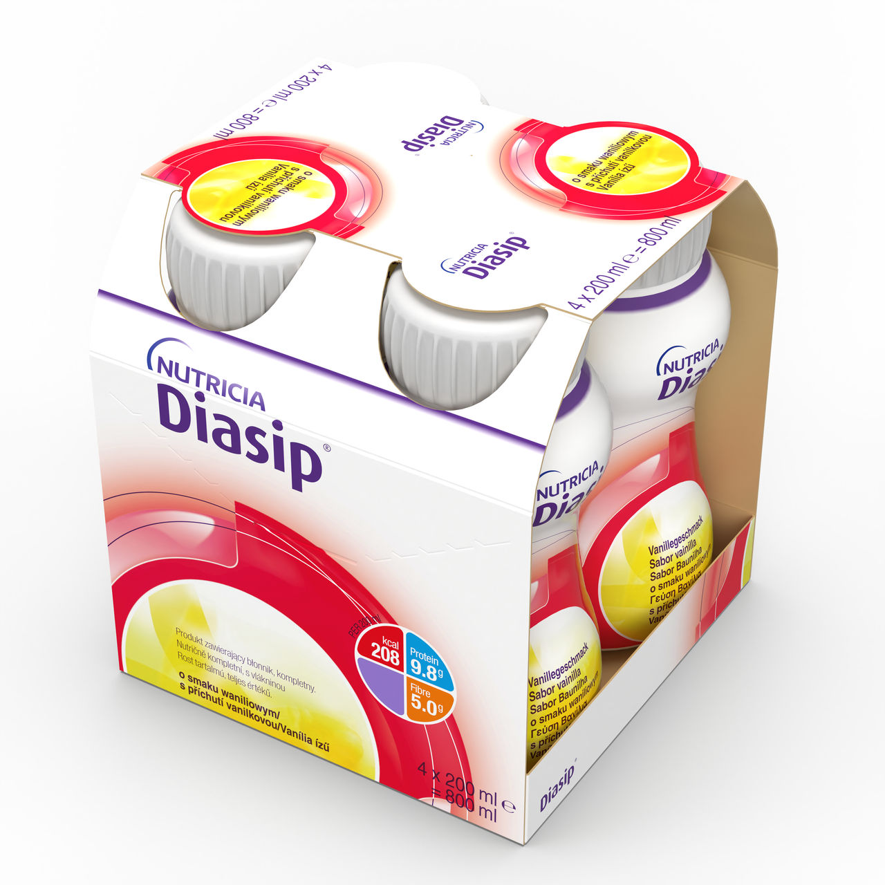 Pakiranje štirih 200 ml stekleničk Nutricia Diasip z okusom vanilije – prehransko dopolnilo z nizkim glikemičnim indeksom, obogateno z vlakninami, beljakovinami ter 28 vitamini in minerali, namenjeno prehranski podpori pri sladkorni bolezni in hiperglikemiji.