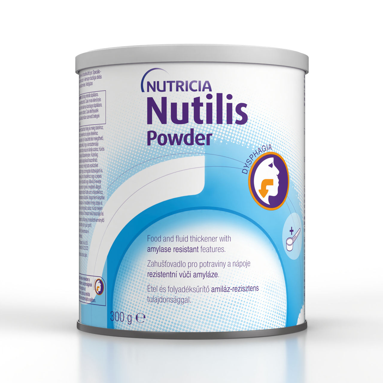 Nutilis v prahu– prašek za zgoščevanje hrane in pijače, odporen na amilazo, brez glutena in laktoze, v pločevinki 300g, namenjen prehranskemu uravnavanju disfagije pri odraslih.