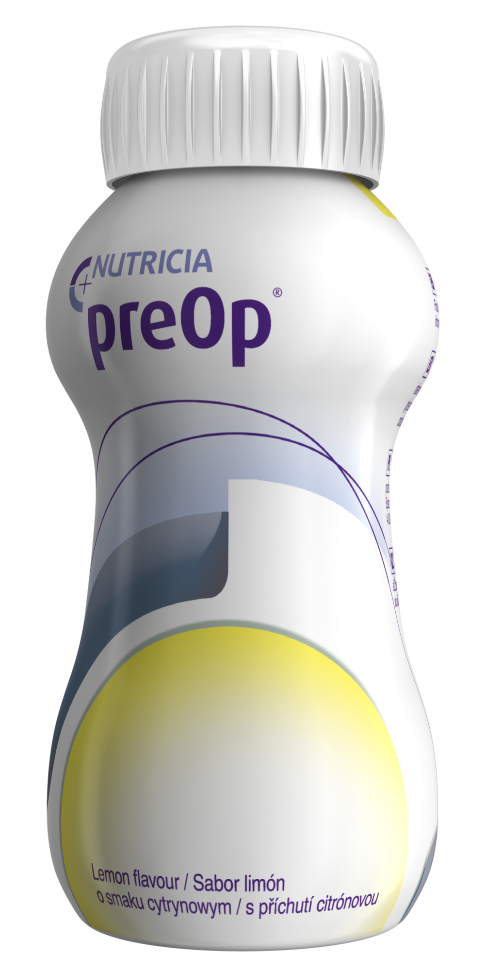 Nutricia preOp – bister izo-osmolarni ogljikohidratni napitek z okusom limone, v plastenki 200 ml, živilo za posebne zdravstvene namene, namenjeno predoperativnemu prehranskemu upravljanju bolnikov pred elektivno operacijo.