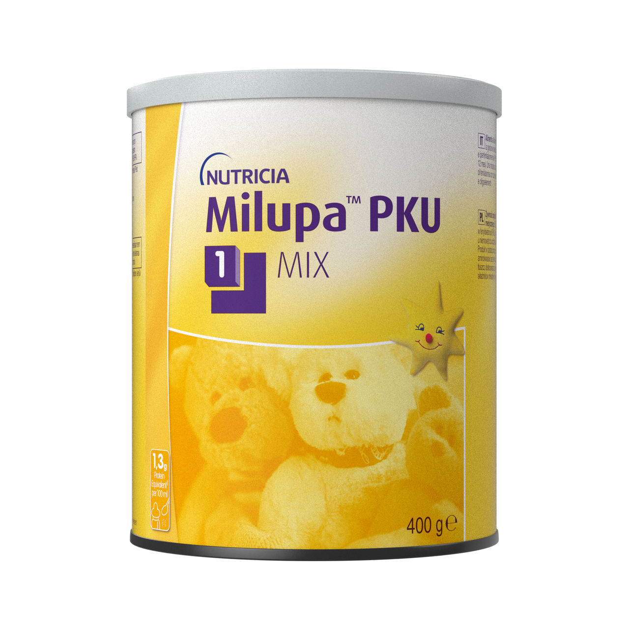 Milupa PKU 1 Mix – prašek brez fenilalanina za dojenčke od rojstva do 12. meseca starosti, obogaten z LCP-Milupan® za podporo razvoju možganov in vida, v pločevinki 400 g, uporablja se pod zdravniškim nadzorom.