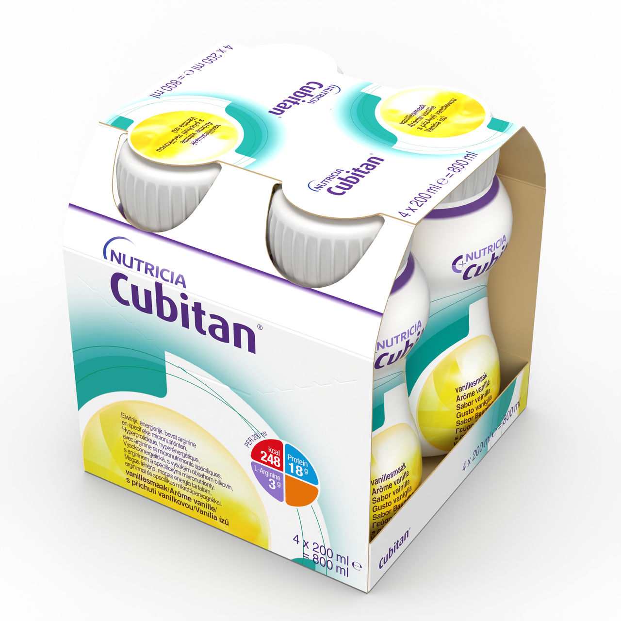 Medicinska prehrana Nutricia Cubitan z vanilijevim okusom, pakiranje 4 x 200 ml – visokoproteinski in visokoenergijski napitek z L-argininom za prehransko podporo pri okrevanju.